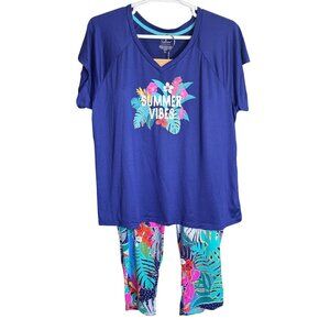 Cuddl Duds Pajama Set Womens XXL Blue & Tropical Floral Stretch Lounge